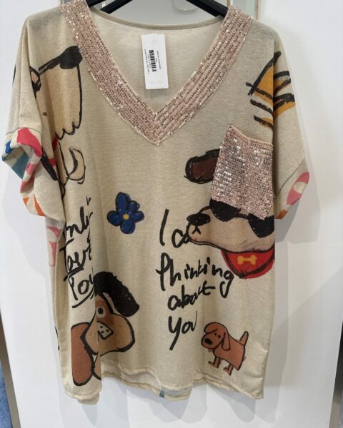 T-shirt fun “Thinking About You” – Col V à sequins